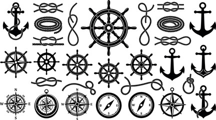 Nautical theme silhouette icons collection featuring marine anchors ship wheels compass rose designs and rope knots for maritime logo graphics © MstAduri