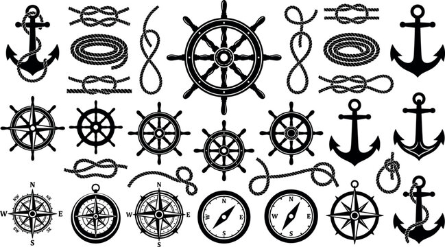 Nautical theme silhouette icons collection featuring marine anchors ship wheels compass rose designs and rope knots for maritime logo graphics
