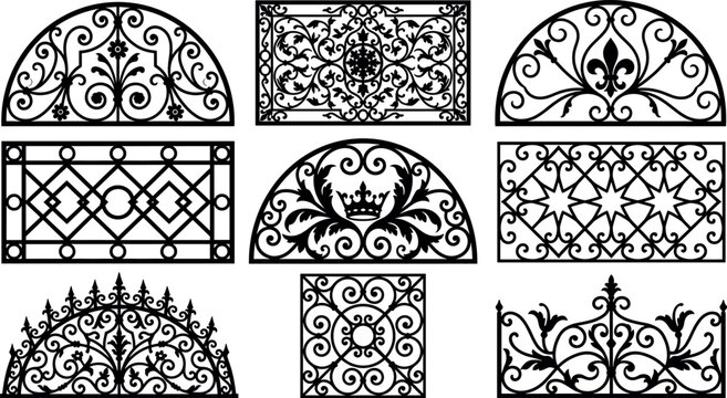 Ornate wrought iron window grill vector silhouette set featuring decorative baroque panels gothic arches crown motifs and fence borders icons