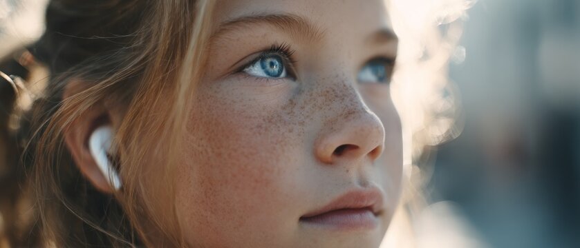 Young girl with freckles listening to music