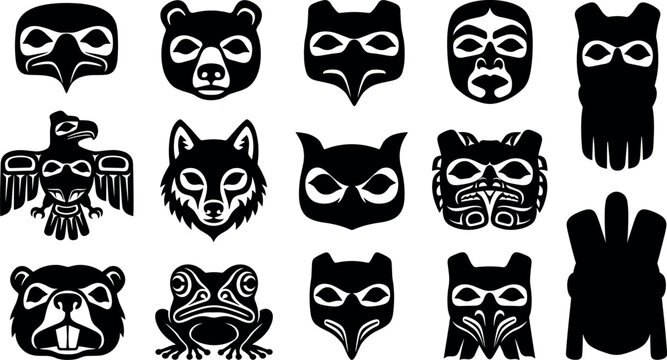Indigenous tribal mask silhouette vector collection featuring native american style animals eagle bear wolf owl and totem icons