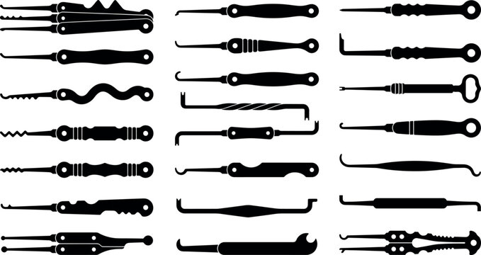 Lock pick set vector silhouette icons featuring locksmith tools tension wrenches rakes and hooks for security bypass isolated on white