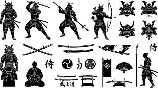 Japanese samurai warrior silhouettes mega bundle traditional shogun armor katana swords naginata spear and bushido crest icons set on white background