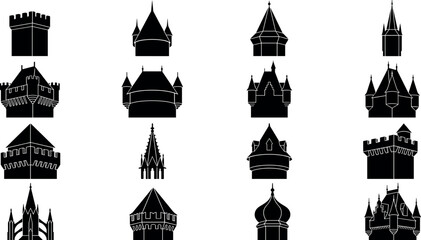 Medieval castle tower and fortress rooftop silhouettes set fantasy kingdom architecture icons for tabletop gaming assets isolated on white background © MstAduri