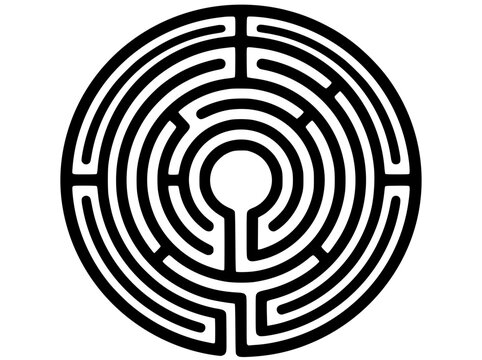 Black and white circular labyrinth maze vector illustration