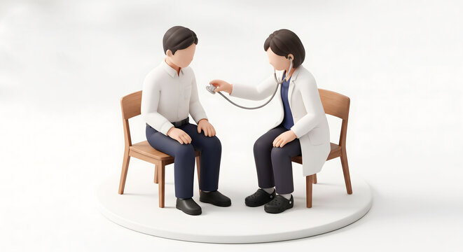 社内健康診断で女性医師から聴診器での診察を受ける男性会社員の3Dイラスト
