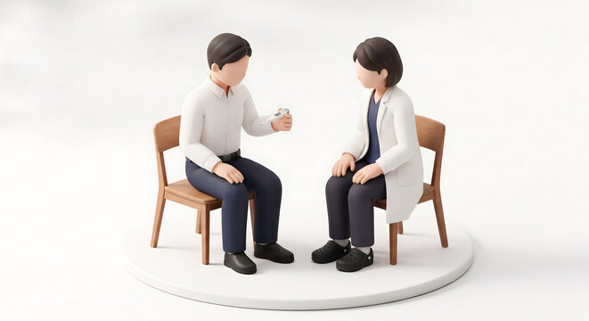 社内健康診断で体温計を手に女性医師と健康相談をする男性会社員の3Dイラスト
