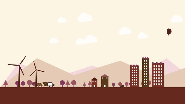 Sustainable city landscape with wind turbines and solar panels in flat style