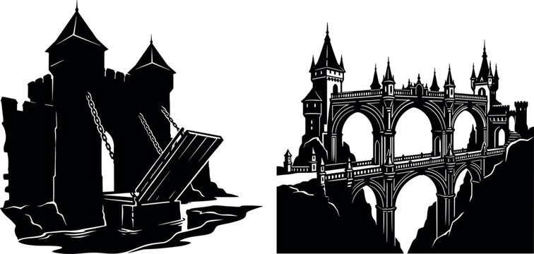 Medieval drawbridge and fantasy castle bridge silhouettes composition for gothic fairytale landscape or roleplaying game background design asset