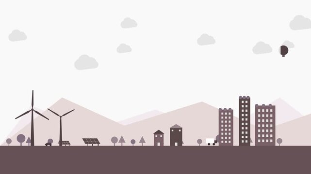 Sustainable city landscape with wind turbines and solar panels in flat design