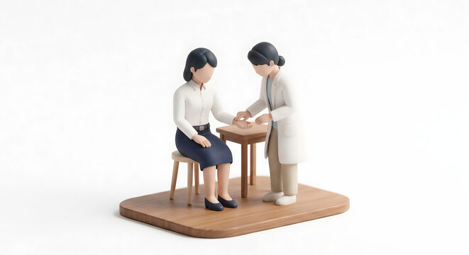 社内健康診断で女性医師から手首の脈拍・心拍測定を受ける女性会社員の3Dイラスト
