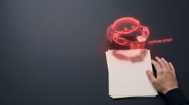 Red holographic AI crab compiling digital data over physical papers held by a human hand, illustrating futuristic workplace automation and collaborative data analysis on a dark background.