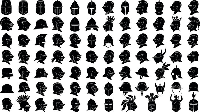 Medieval knight helmets and ancient warrior head armor silhouettes mega bundle for fantasy strategy gaming assets historical heraldry emblems on white background