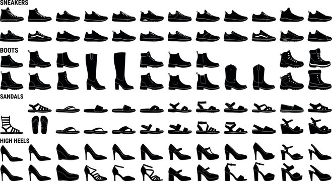 Men and women footwear shoes silhouettes mega collection including sports sneakers leather boots summer sandals and elegant high heels icons bundle