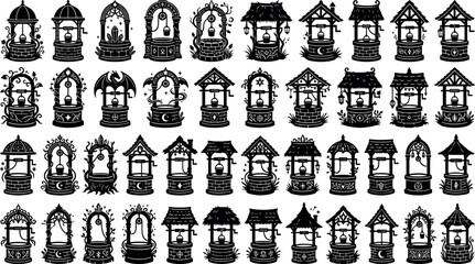 Mystical fairy tale wishing well silhouette icons set for fantasy game assets magic storybook illustration isolated on white background © MstAduri