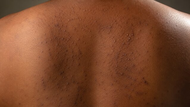 Heat rash skin on upper back close-up showing widespread miliaria bumps and prickly heat papules with sweat gland irritation on dark skin tone