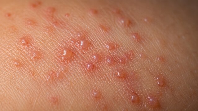 Heat rash skin extreme macro close-up showing fluid filled vesicles and miliaria crystallina blisters with sweat trapped under skin surface dermatology reference