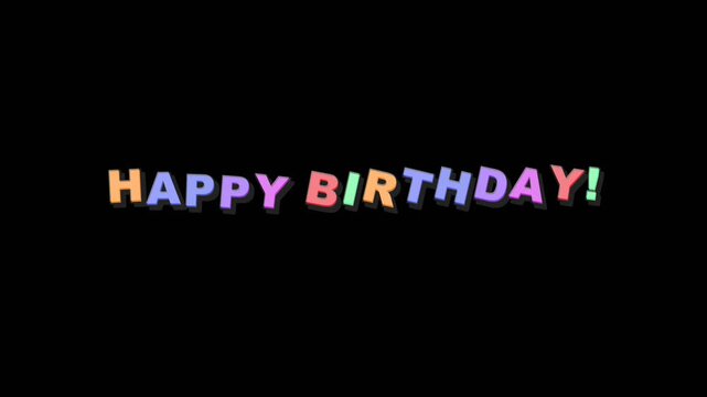 Happy birthday text animation with colorful letters on black background