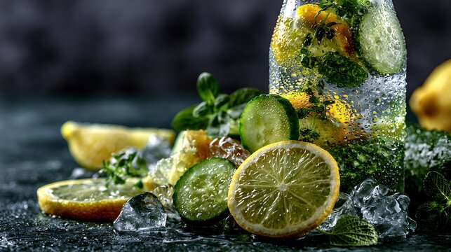 Refreshing Drink Close up of lemon and cucumber infused water with mint in a condensation covered glass bottle and ice