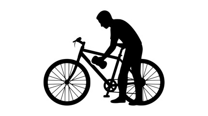 Fototapeta premium Silhouette of a Man Repairing a Bicycle Isolated on White Background