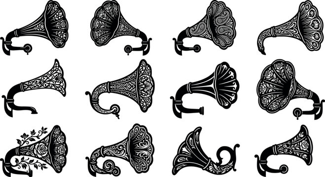 Vintage gramophone horn vector silhouette set featuring ornate phonograph speakers antique musical elements with baroque floral engraving patterns isolated
