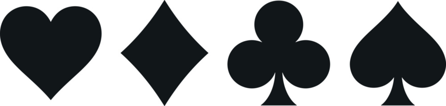 Playing card suits silhouette icons set featuring heart diamond club and spade symbols for casino poker gambling games graphic elements