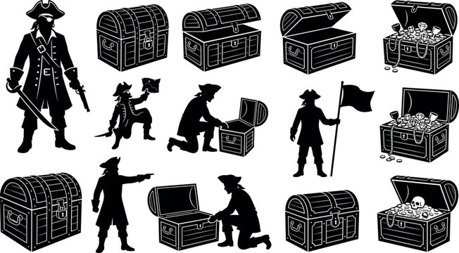 Pirate captain silhouettes with wooden treasure chests collection filled with gold coins and gems for fantasy adventure game graphic design elements