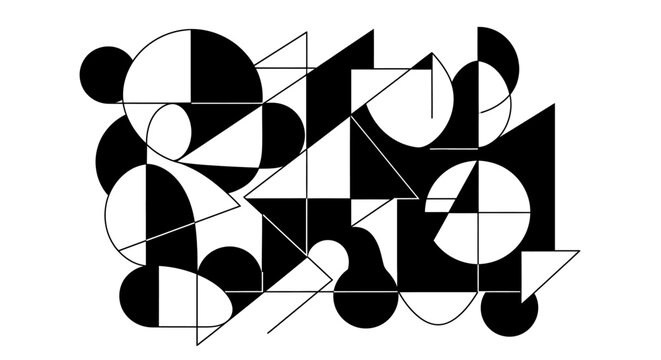 Monochromatic abstract geometric pattern design with interconnected circles, triangles, and squares. Modern black and white minimalist background graphic.