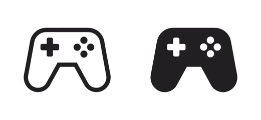 Two video game controllers, one outline and one solid black, symbolize gaming and technology. © Binoy Vectors