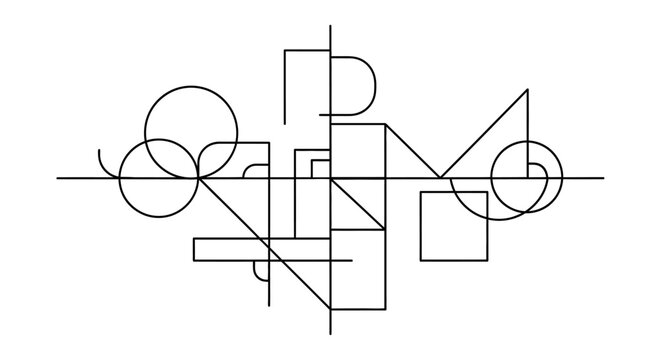Complex abstract geometric line art illustration with overlapping shapes, circles, squares, and triangles on white background, modern minimalist vector design