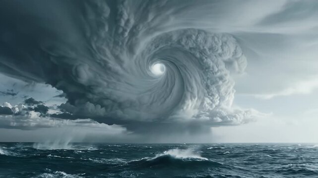 Massive hurricane storm swirls over dark ocean waters with dramatic sky