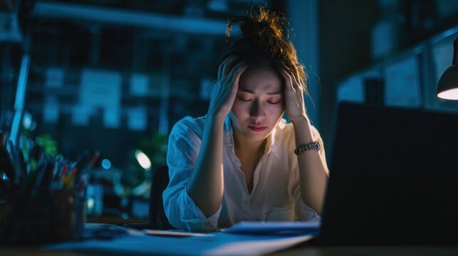 Woman stressed with headache at desk