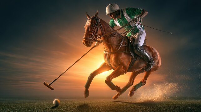 Professional Polo Player Riding Horse During Sunset Game