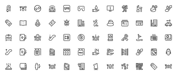 Accommodation and leisure icon set. Minimalist vector icons pack. Includes symbols for hotel, spa, sauna, meal, house, villa, gamepad, hiking, map, key, car, calendar, room service, and more. © wang