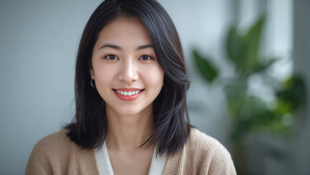 観葉植物のある部屋でやさしい微笑みを見せる日本人女性のポートレート
