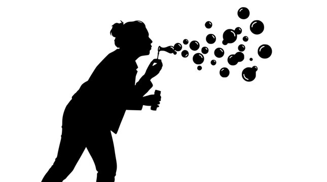 Silhouette of a woman blowing soap bubbles on a white background