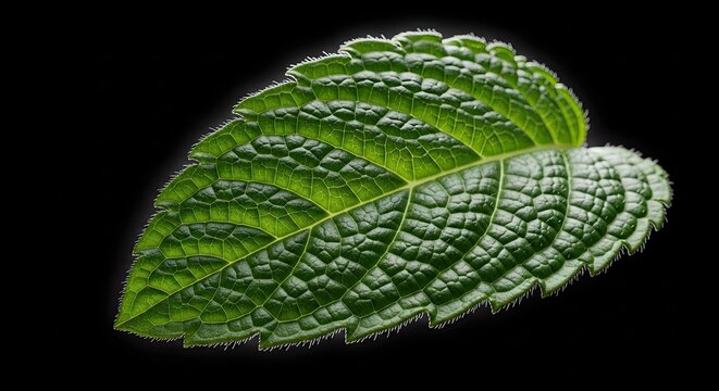 Close-up of a vibrant green mint leaf with intricate texture on black background