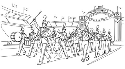 Obraz premium Marching Band Parade Performance, Drum Majors, Musicians, Stadium Archway, Outline Illustration