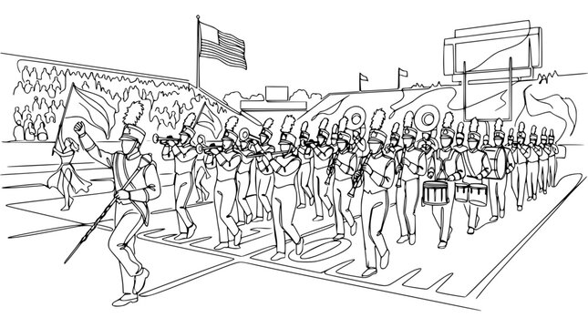 High School Marching Band Parade on Football Field, Drum Major Leading