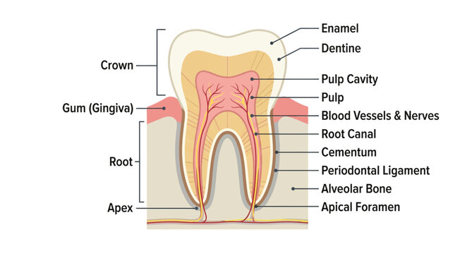 Detailed anatomical illustration of a tooth with labeled parts including enamel, dentine, pulp cavity, and root canal against a clean white background.