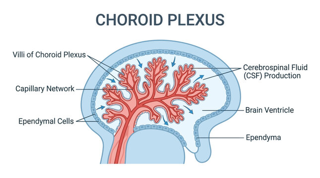 Detailed anatomical illustration of the choroid plexus structure with labeled components including villi, capillary network, ependymal cells, and brain ventricle.
