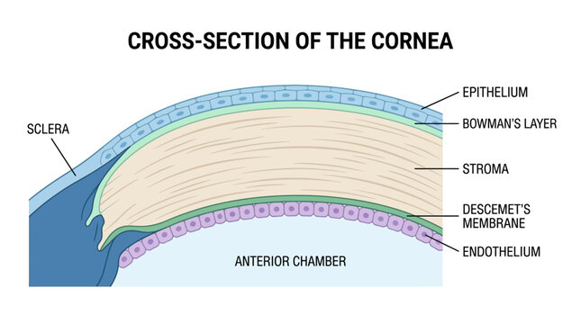 Detailed anatomical illustration of a cross-section of the cornea showing its layers against a white background.