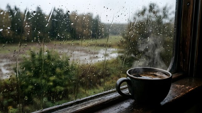 Steaming cup of coffee on a wooden windowsill during a rainy autumn day