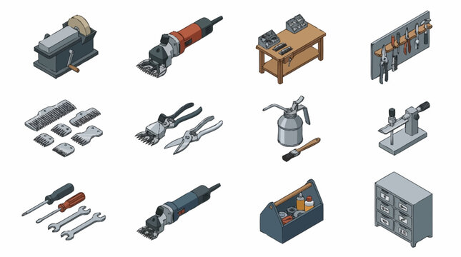 Collection of Isometric Workshop Tools and Equipment Icons.