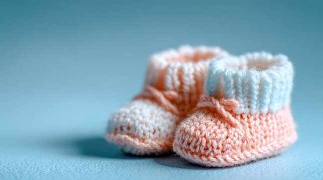 Pair of knitted baby booties on a light blue background