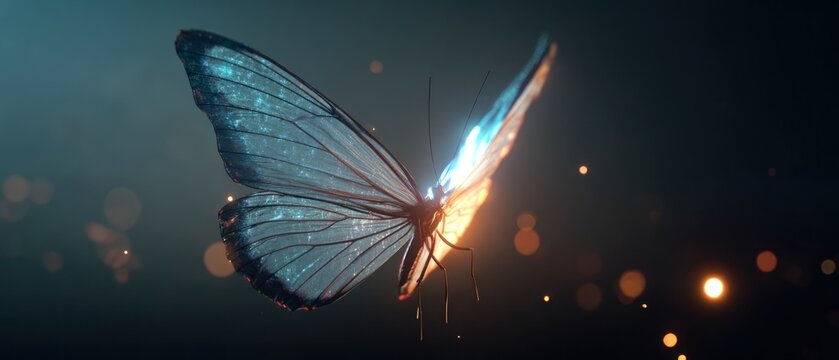 Butterfly with glowing wings against dark background