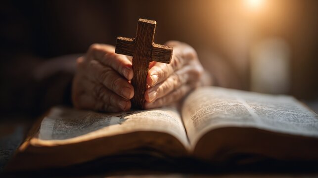 Hands holding a wooden cross over an open book