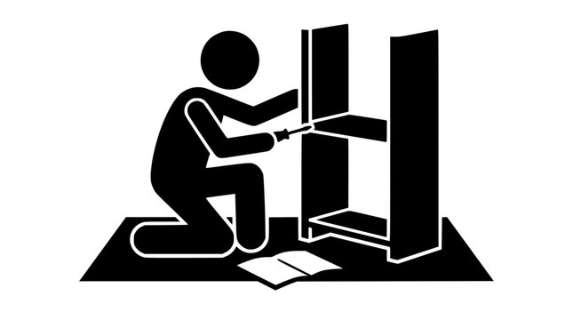 Person Assembling Flat Pack Furniture with Instruction Manual Icon