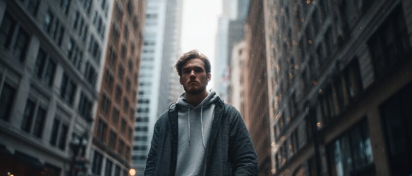 Man walking in a city portrait view