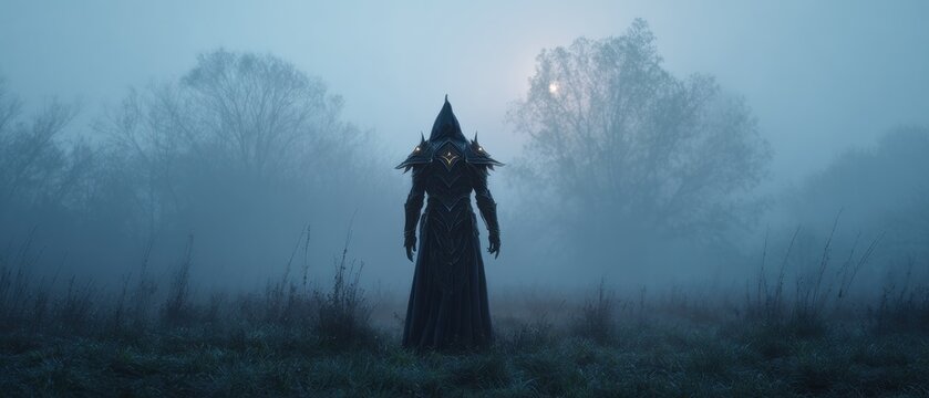 Mysterious figure in hooded cloak outdoors